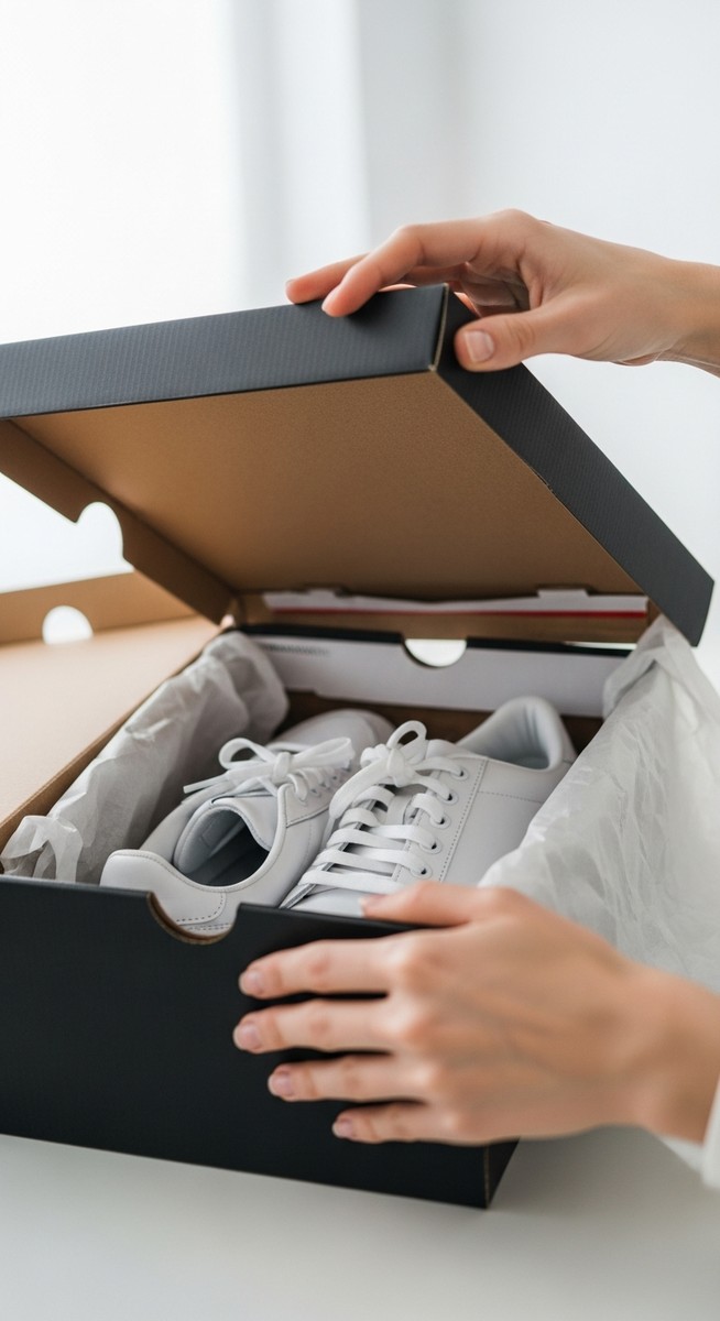 hands opening a shoebox to reveal a new pair of white trainers in tissue paper