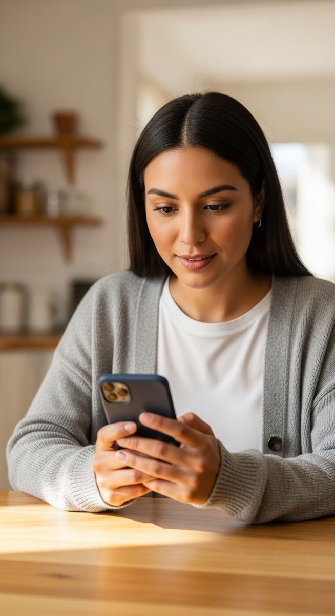 woman reviewing a rewards app on her smartphone at a kitchen table