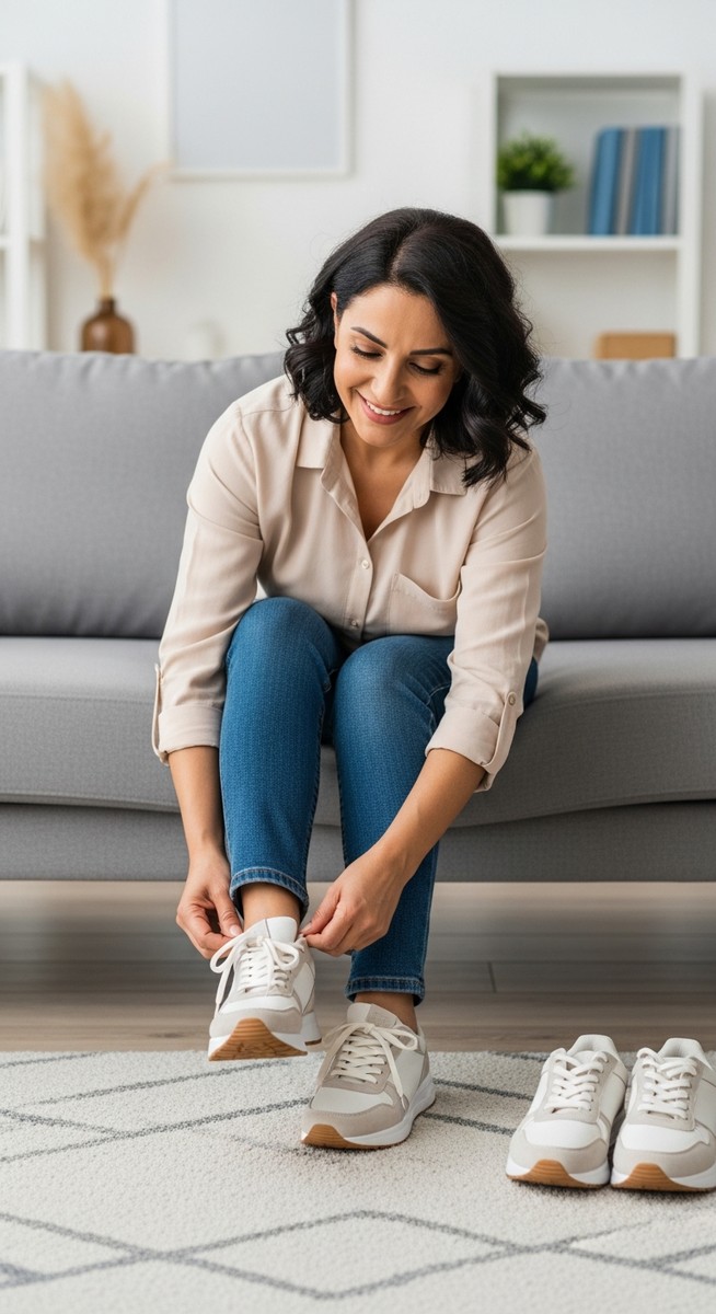 woman trying on new trainers at home while sitting on a sofa