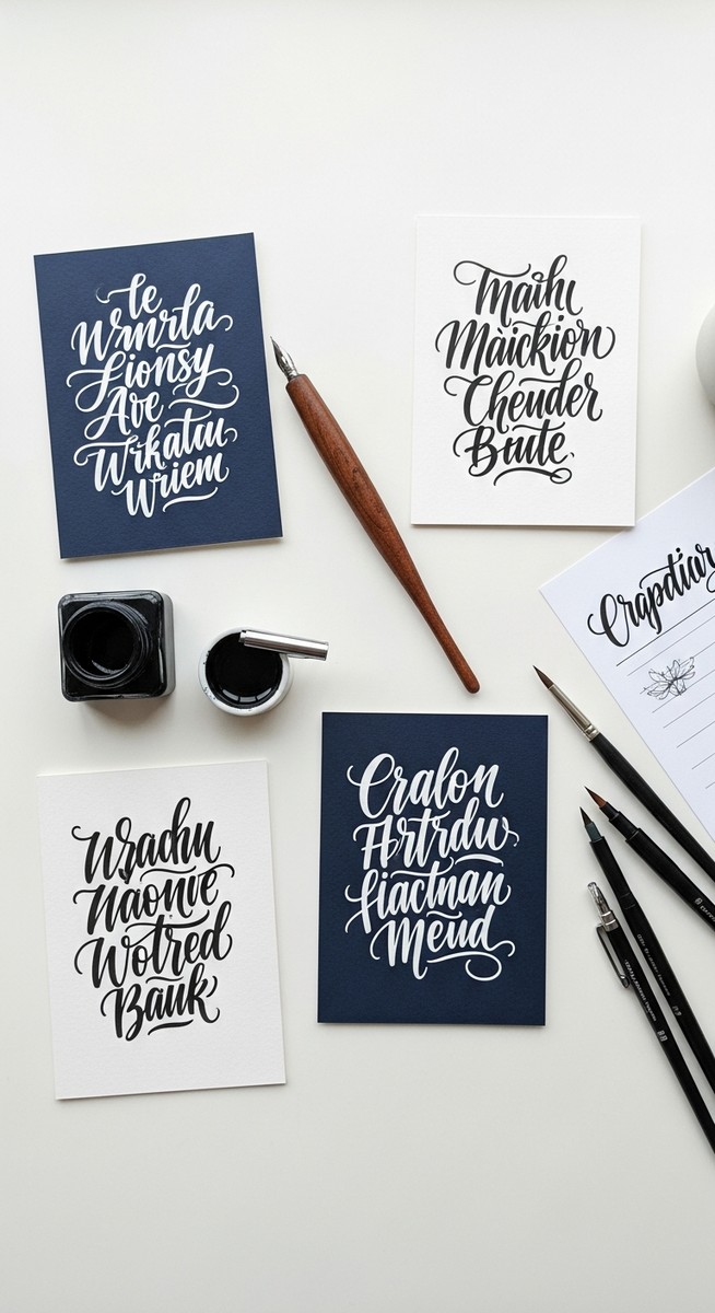 flatlay of hand-lettered cards, a dip pen, ink pot, brush pens and a practice sheet on a white desk