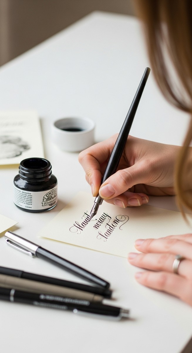 woman's hand writing an elegant calligraphy phrase with a dip pen on cream card