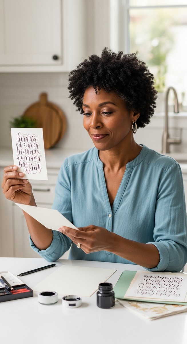 woman holding up a beautifully hand-lettered card at a kitchen table