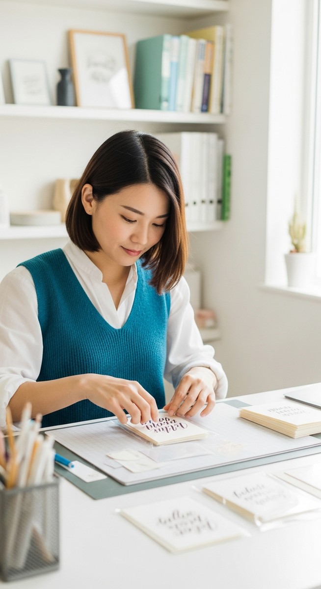 young woman packaging finished hand-lettered cards into a cellophane sleeve at a desk