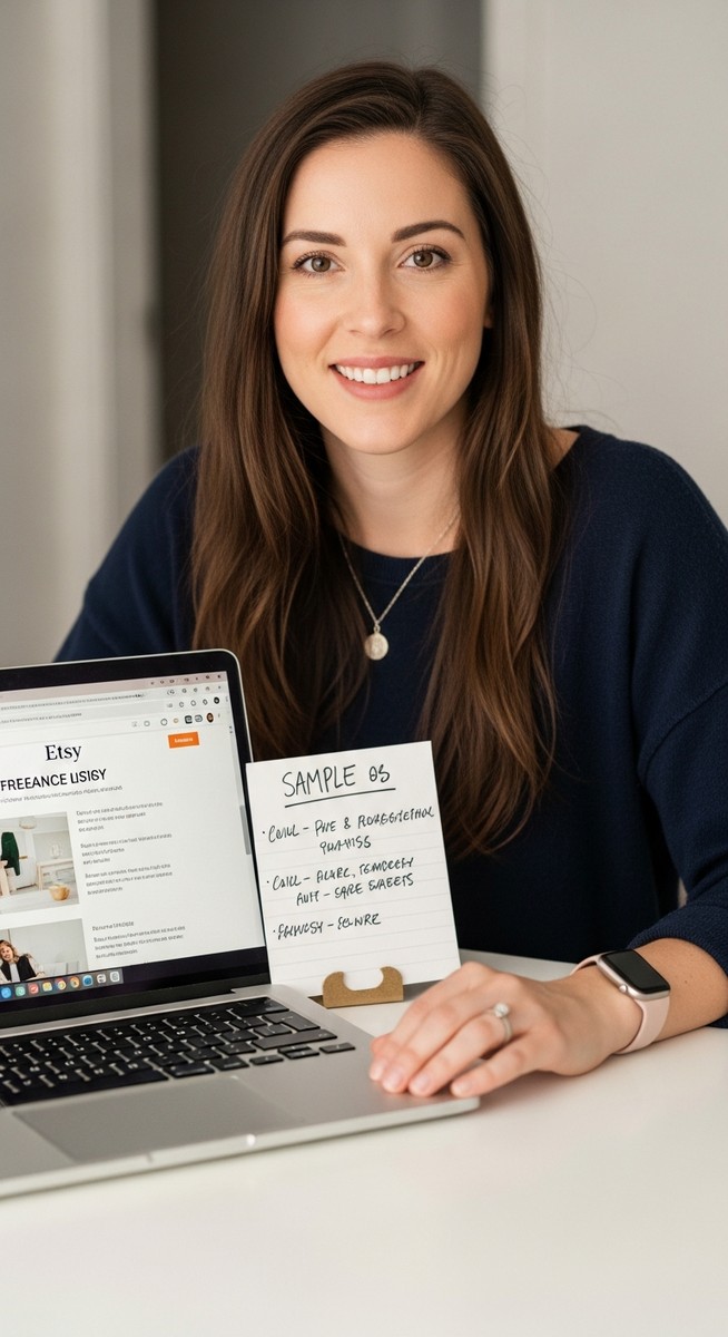 woman reviewing her handwriting Etsy listing on a laptop with a sample card beside her