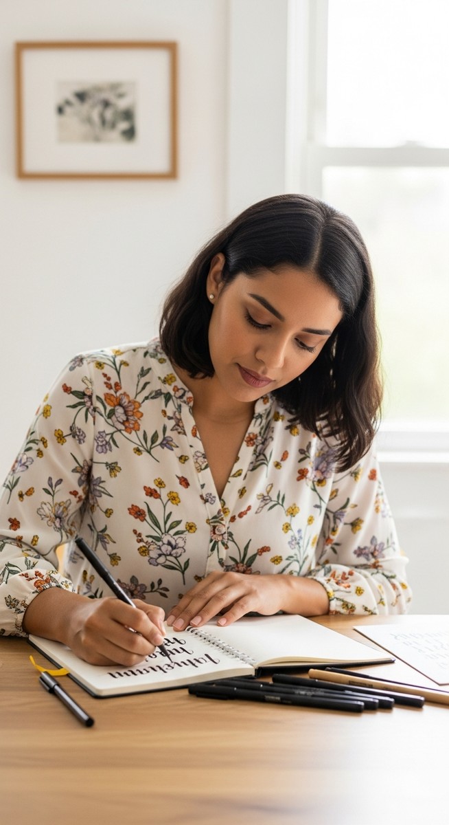 young woman practising brush lettering with brush pens in a notebook at a craft table
