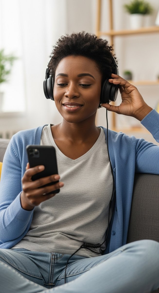 woman listening to music through over-ear headphones on a sofa with her smartphone
