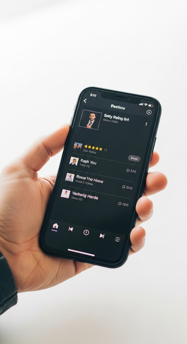 hand holding a smartphone showing a music rating app with star ratings on screen