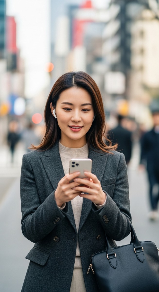 woman walking along a city street with wireless earbuds in and her phone in hand