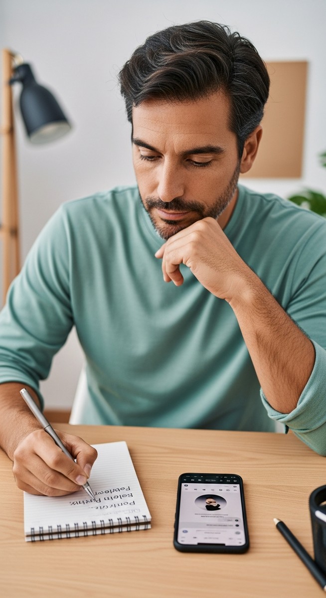 man writing music review notes on a notepad with a music app open on his phone