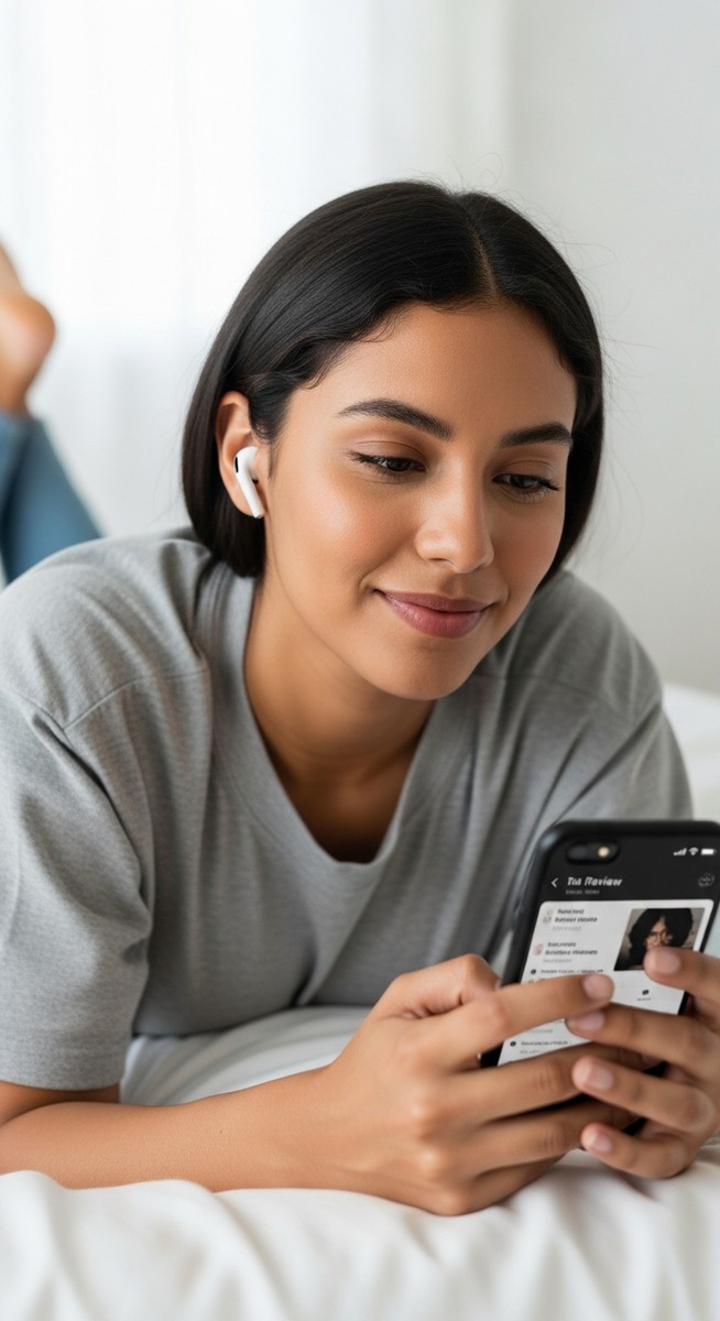 young woman listening to music with earbuds and reviewing a music app on her phone on her bed