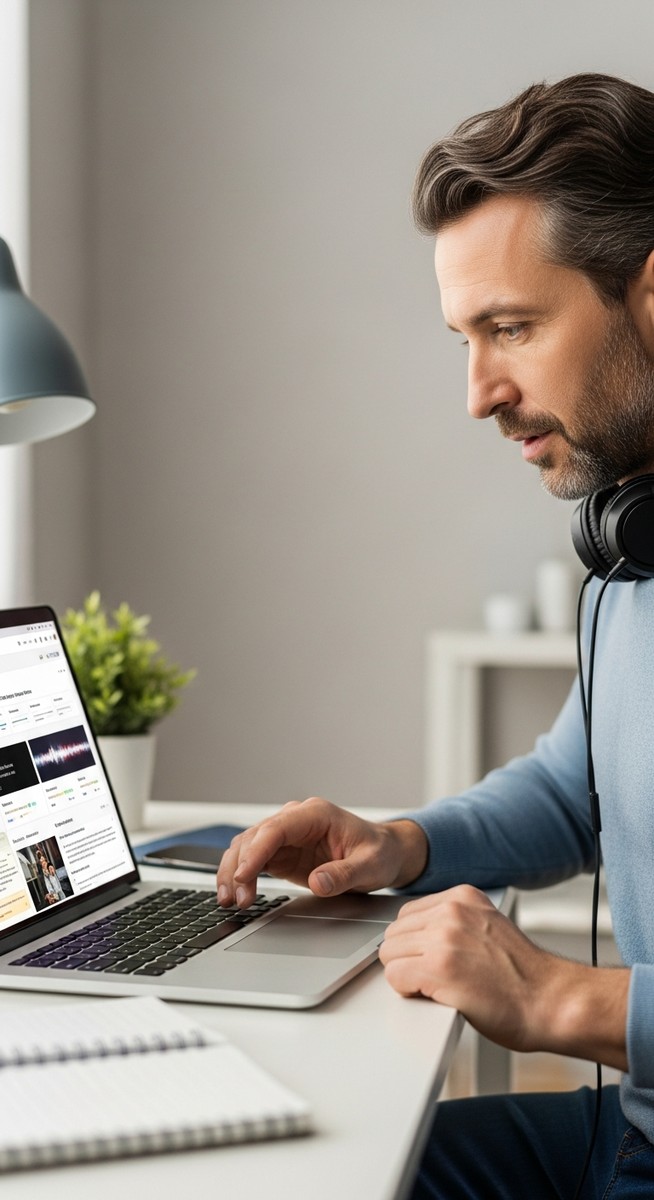 man reviewing a music rating platform on a laptop at a home desk
