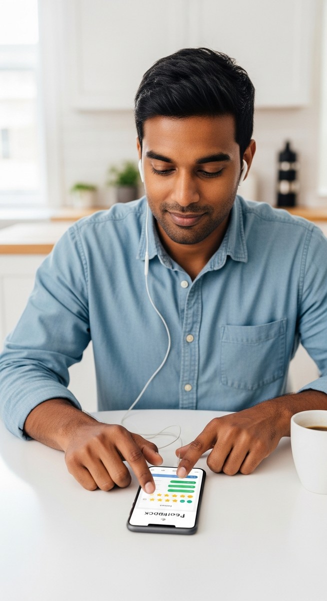 man rating music on a smartphone at a kitchen table with earbuds in and a coffee