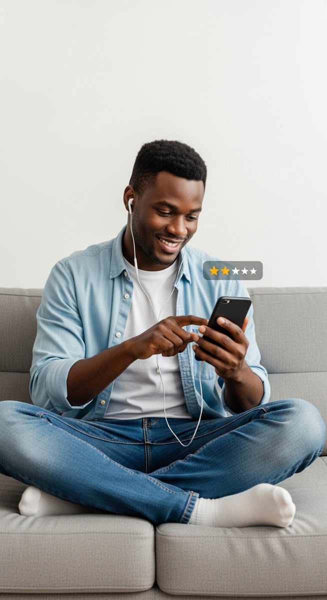 young man rating music on his smartphone with earbuds in while sitting on a sofa