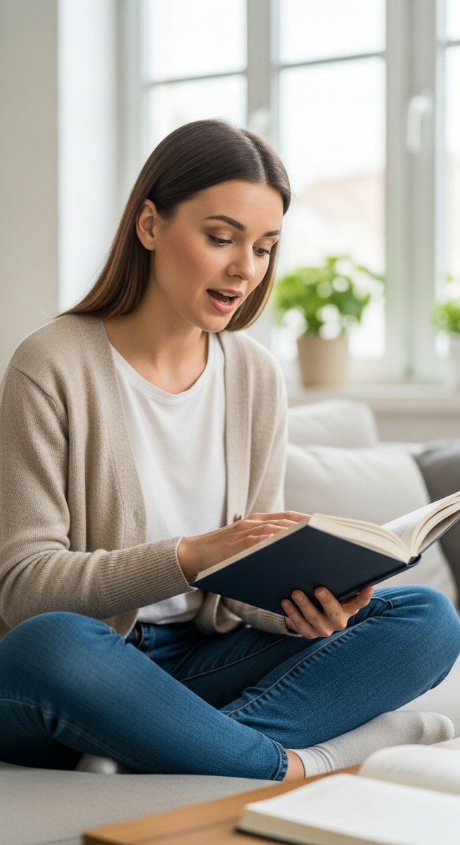 a woman reading aloud from a book while sitting on a sofa to make money