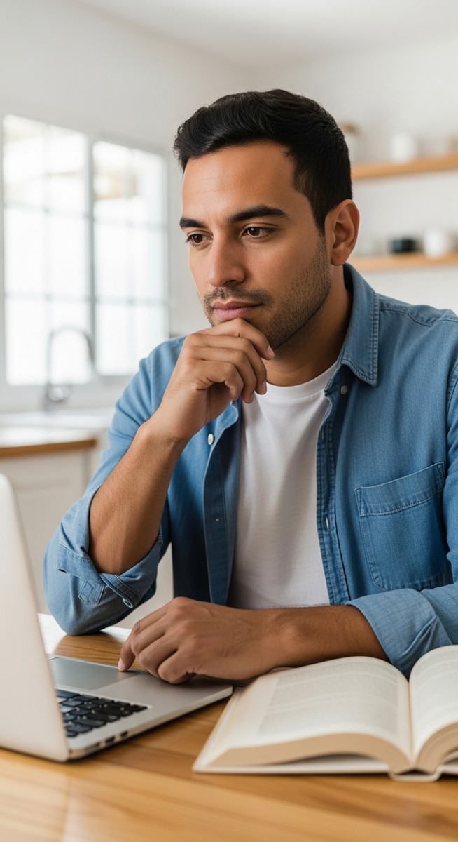 a man with a laptop and open book at a kitchen table to make money