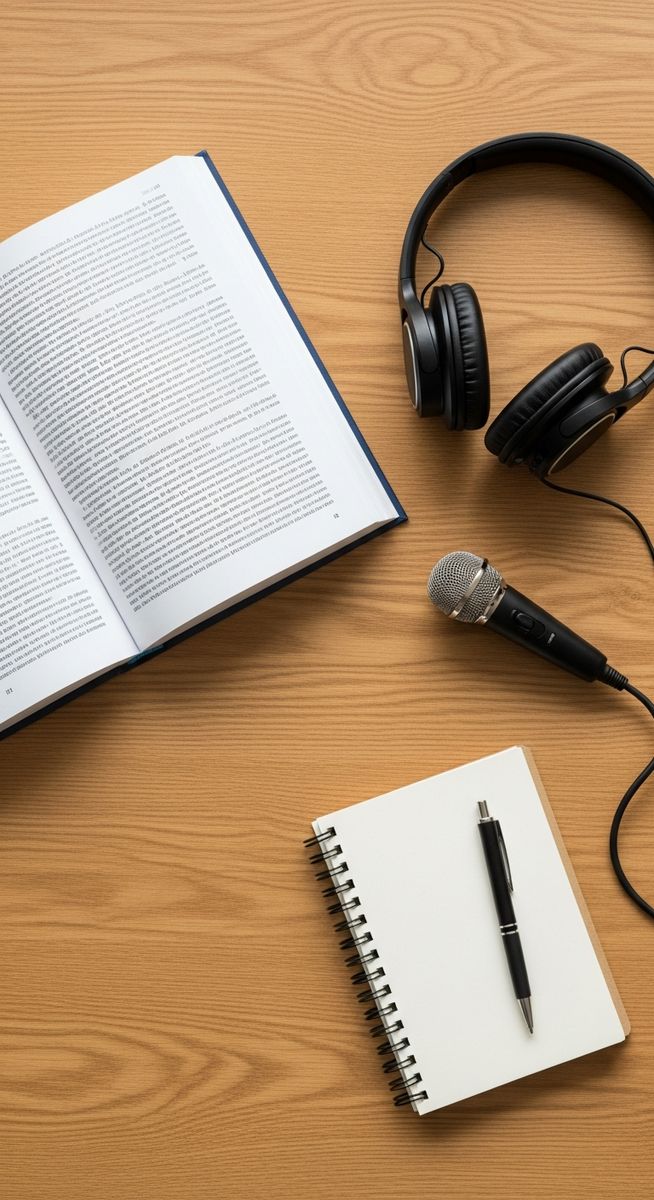 a flatlay of an open book, microphone, headphones and notebook on a wooden desk to make money