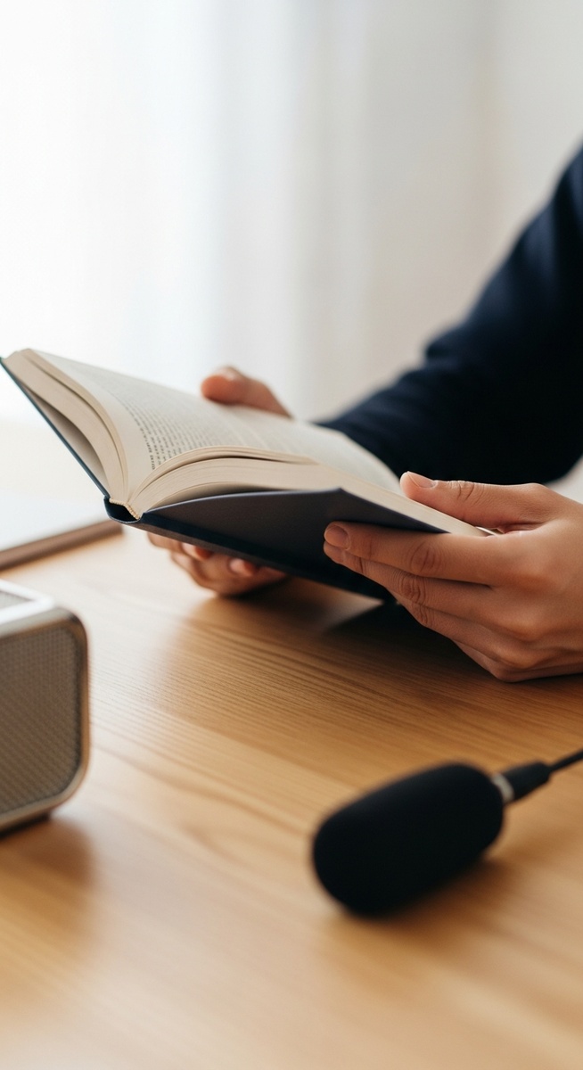 open book on a desk with a USB microphone in the foreground