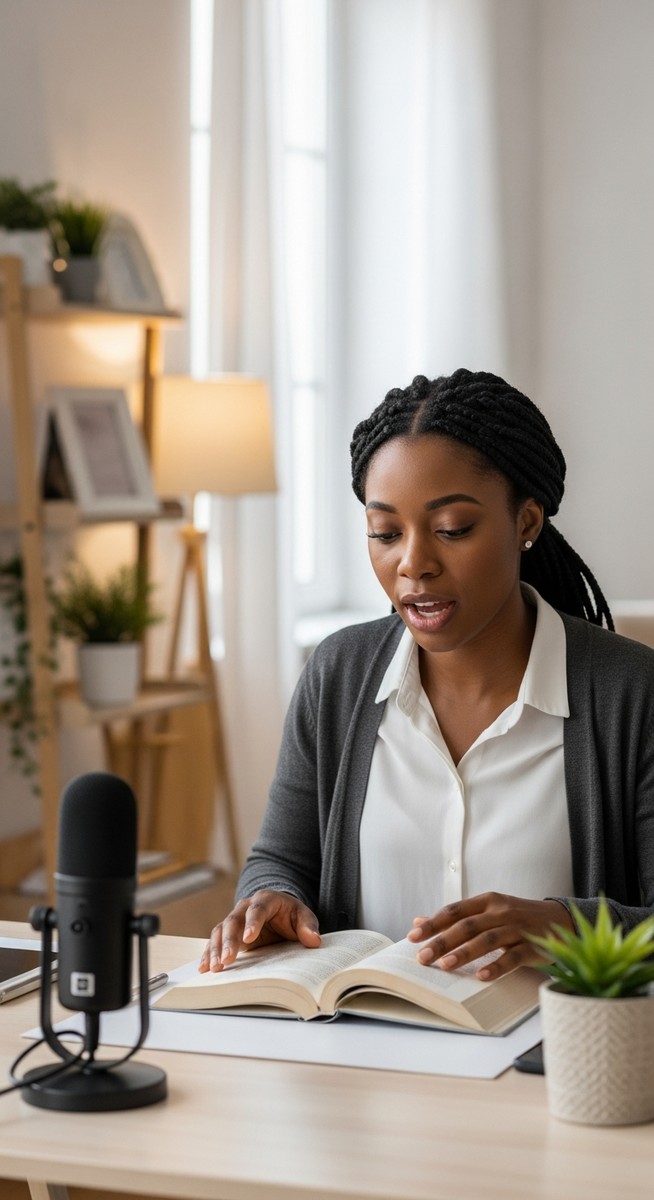 woman reading aloud into a microphone at a home desk with an open book