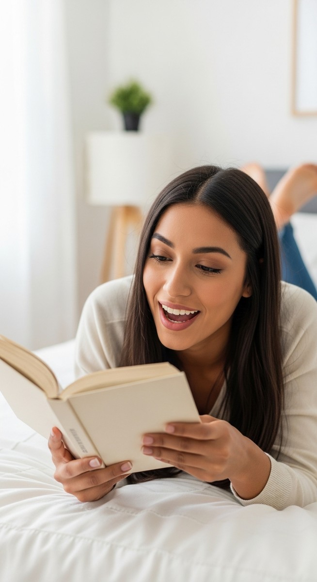 a young woman reading aloud from a book on her bed to make money
