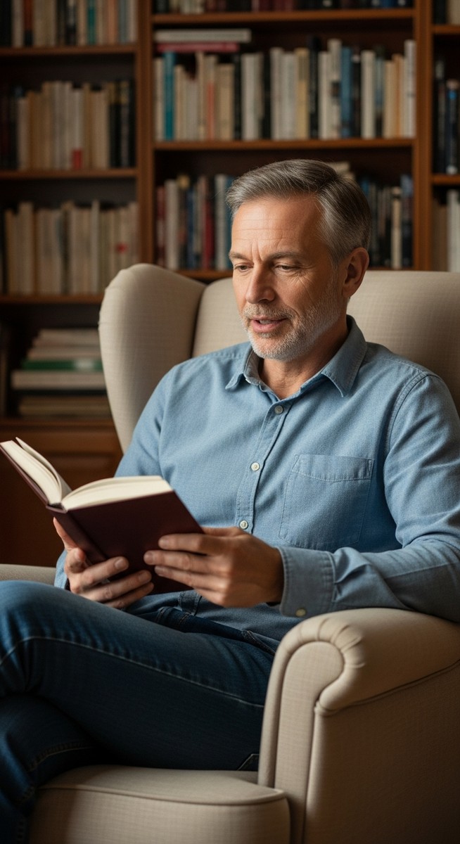 man reading aloud from a book in a home study