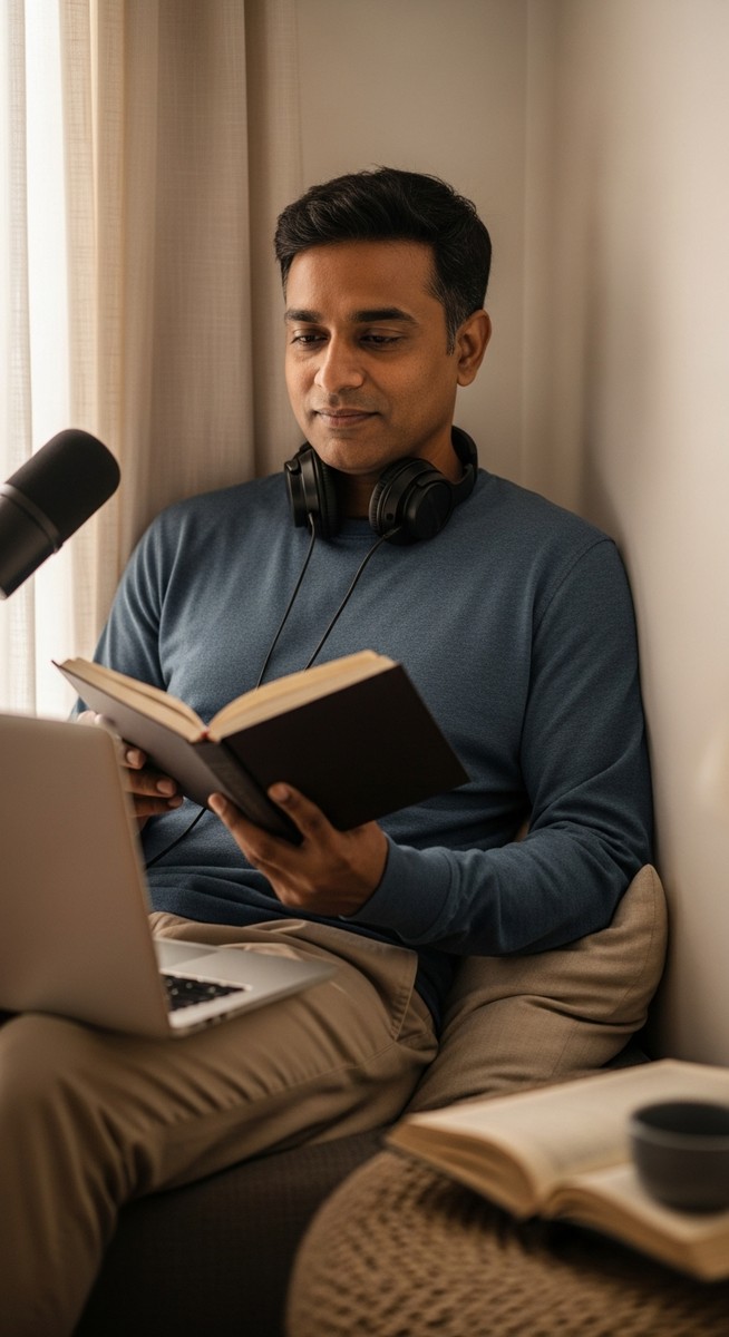 man reviewing a recording on his laptop while holding an open book