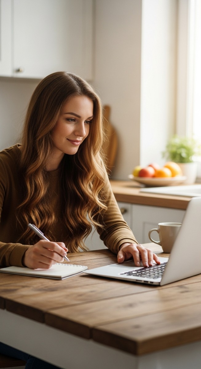 young woman taking notes next to her laptop at a kitchen table