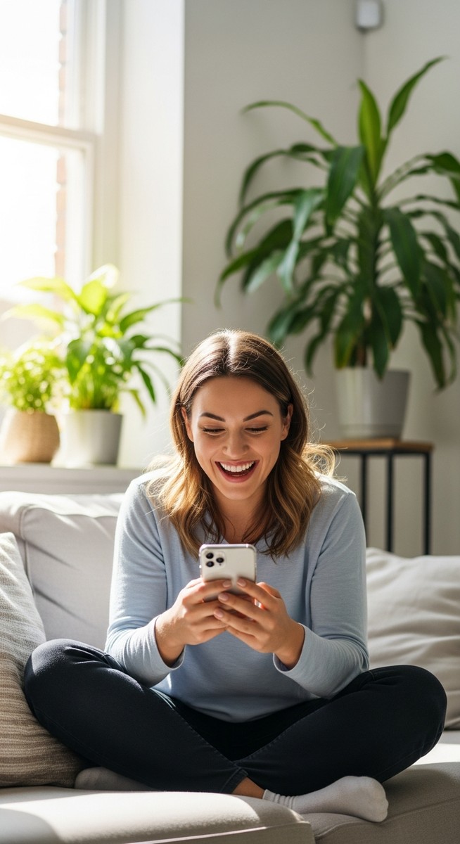 woman smiling at her phone in a bright living room