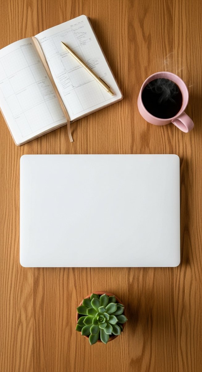 flatlay of a planner, laptop, and succulent on a wooden surface
