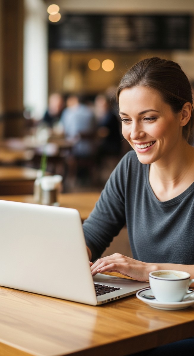 woman working happily on her laptop