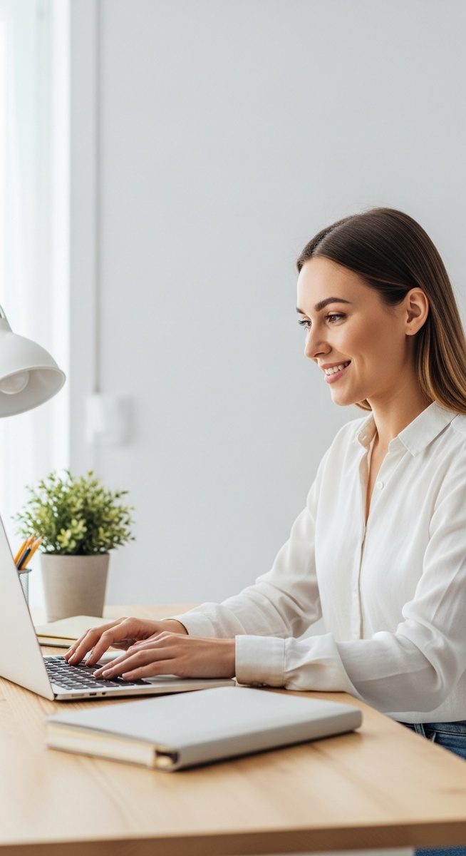 woman looking satisfied at her laptop screen at home