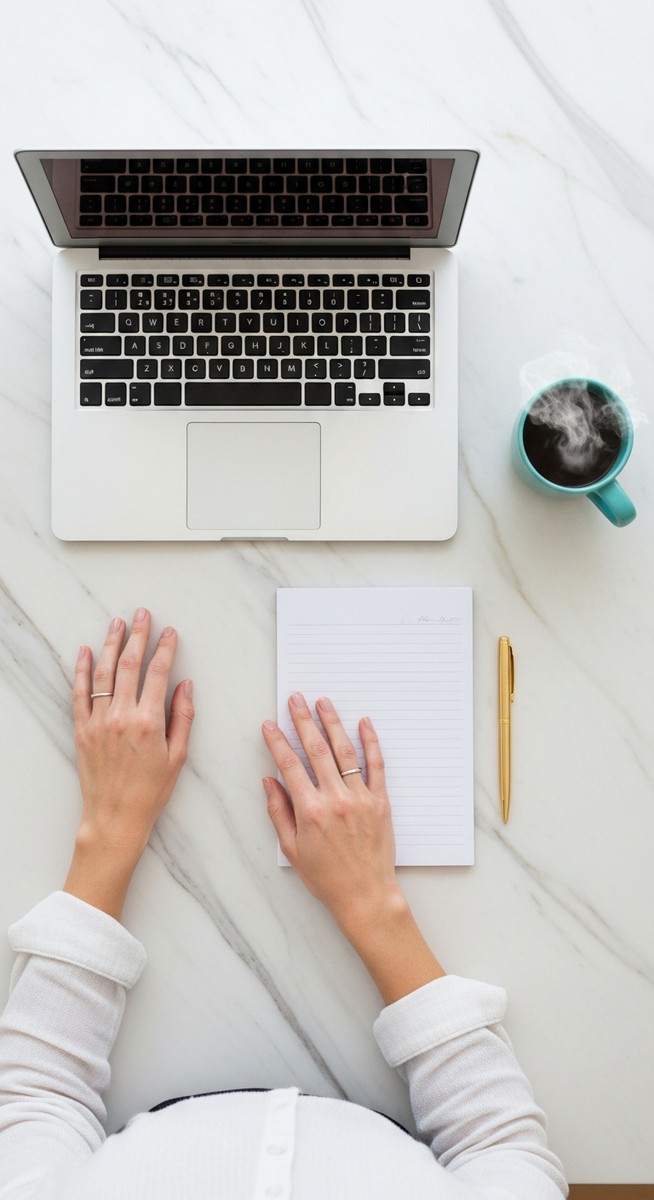 flatlay of a laptop and teal mug on a marble surface
