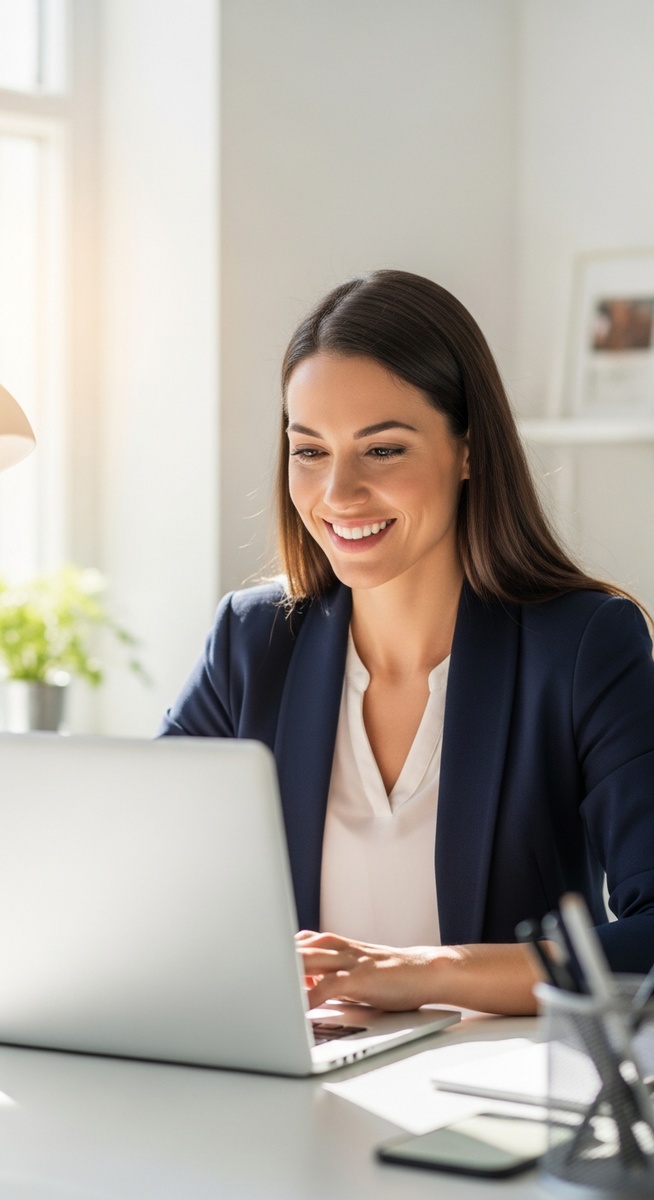 woman working confidently on her laptop at a bright home desk