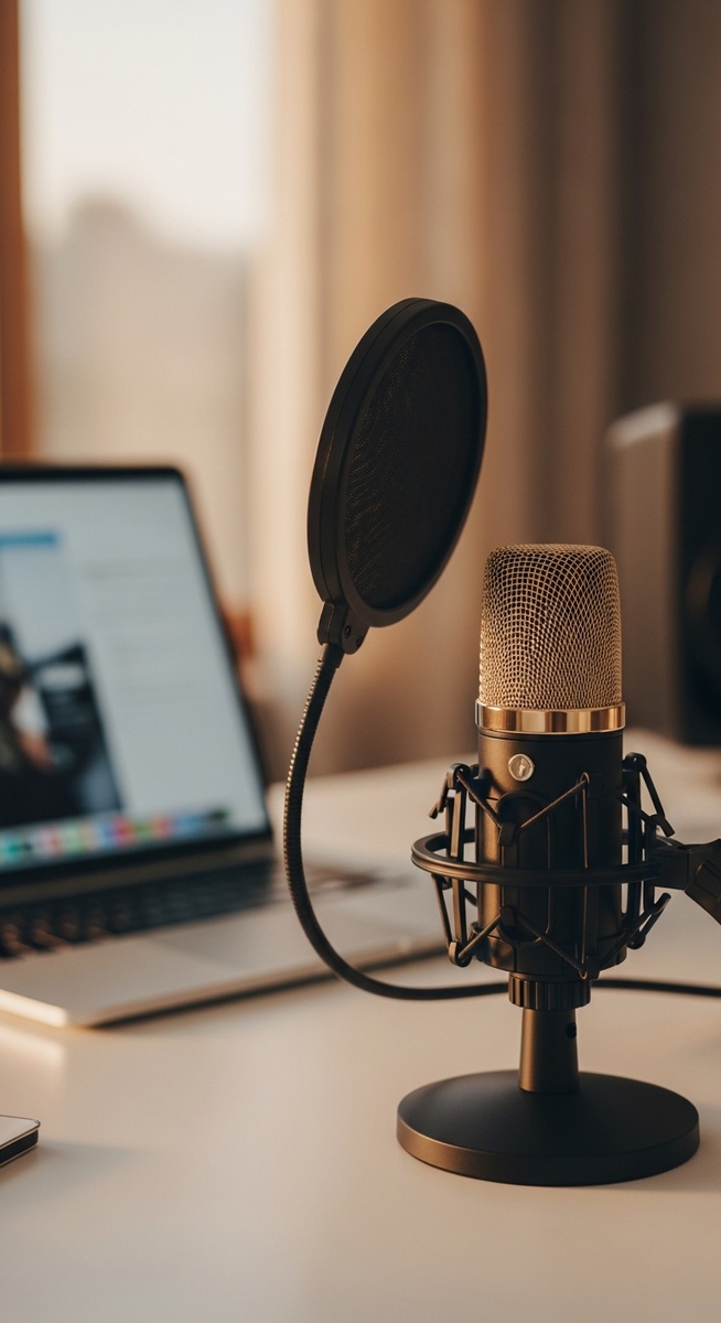 USB microphone with a pop filter on a desk with a laptop in the background