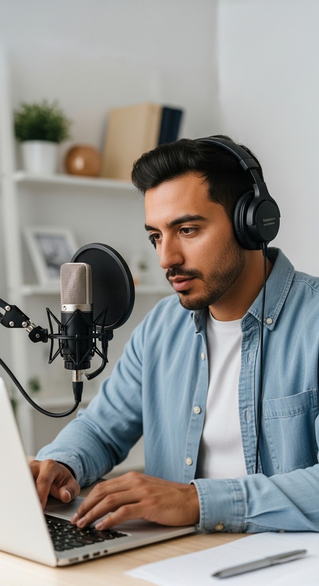 man with headphones at a home desk with a condenser microphone and laptop