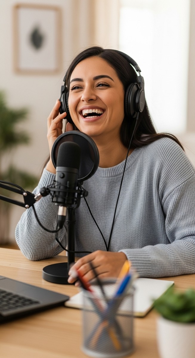 woman laughing into a microphone with headphones on at a home desk