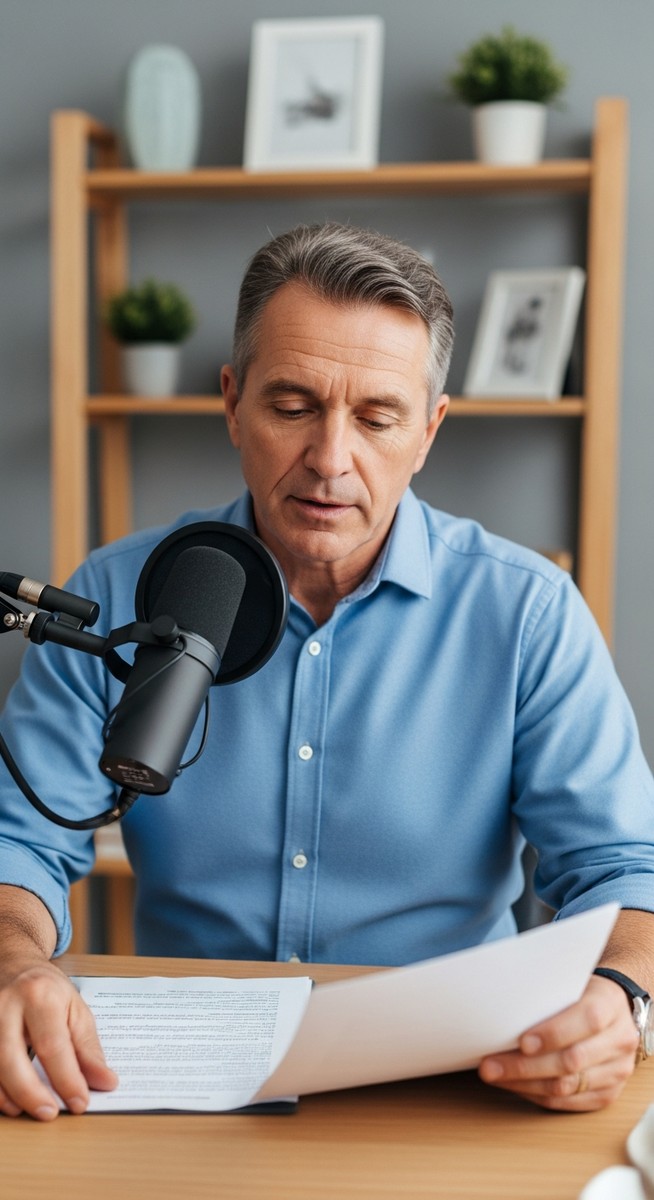 man reading from a script into a microphone at a home desk