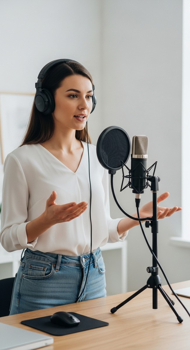 woman speaking confidently into a condenser microphone at a home recording setup