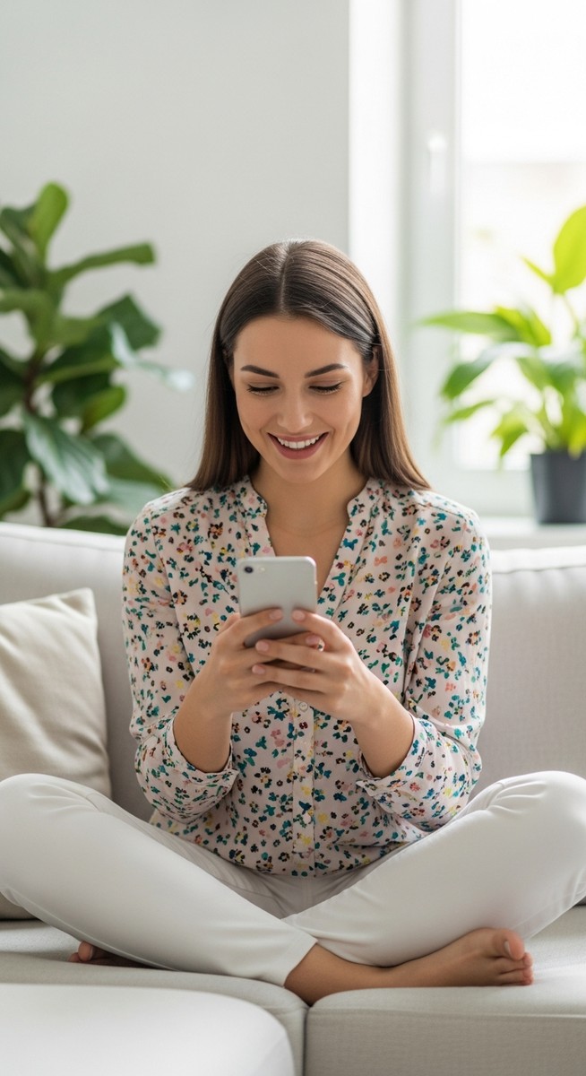 woman smiling at her phone in a bright living room