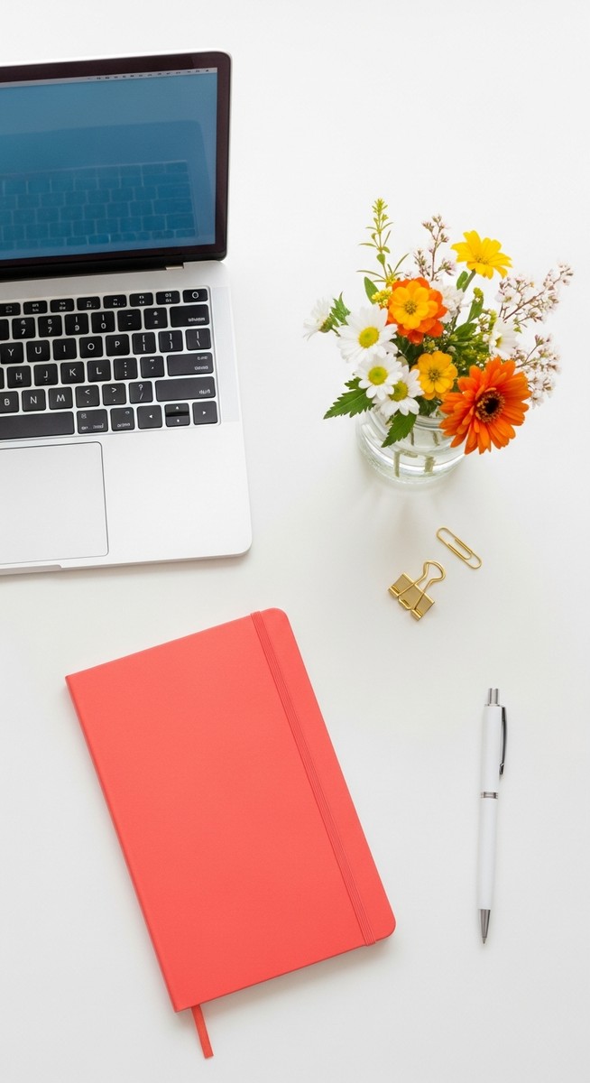 flatlay with laptop and other items on a white surface