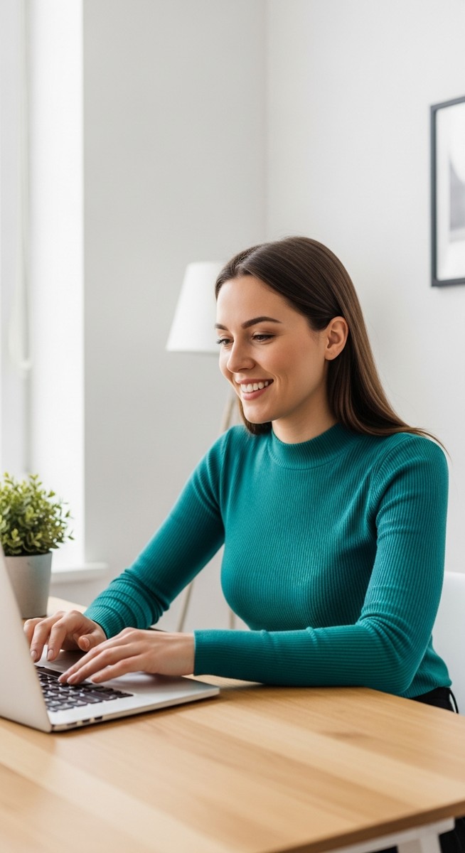 woman looking satisfied at her laptop screen at home