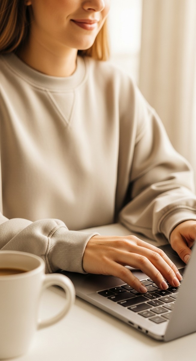 woman typing on a laptop at a bright clean desk