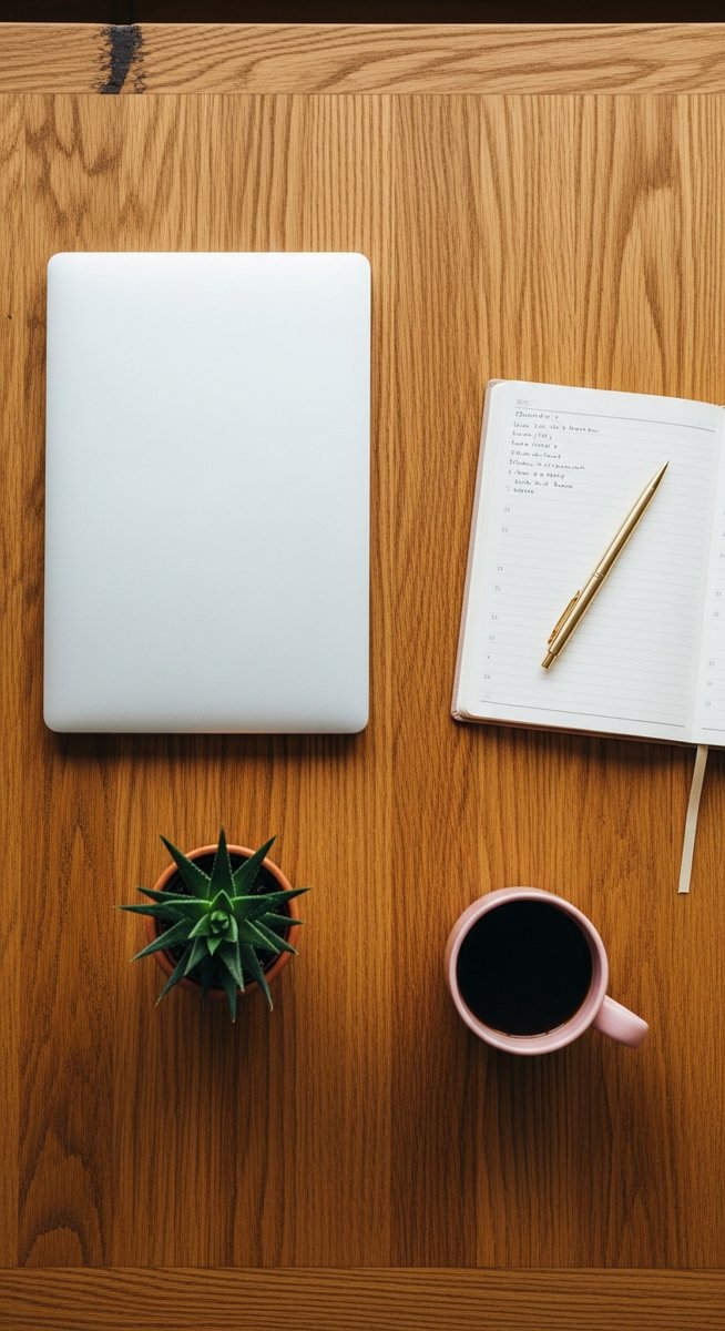 flatlay of a planner, laptop, and succulent on a wooden surface