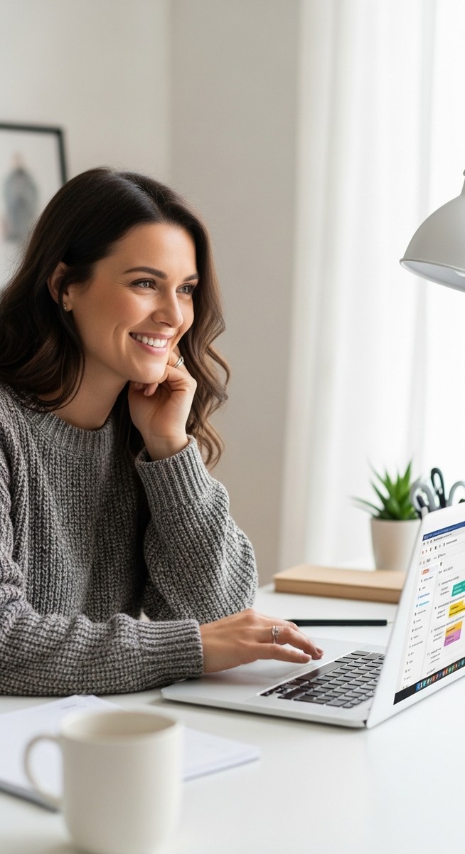 woman working confidently on her laptop at a bright home desk