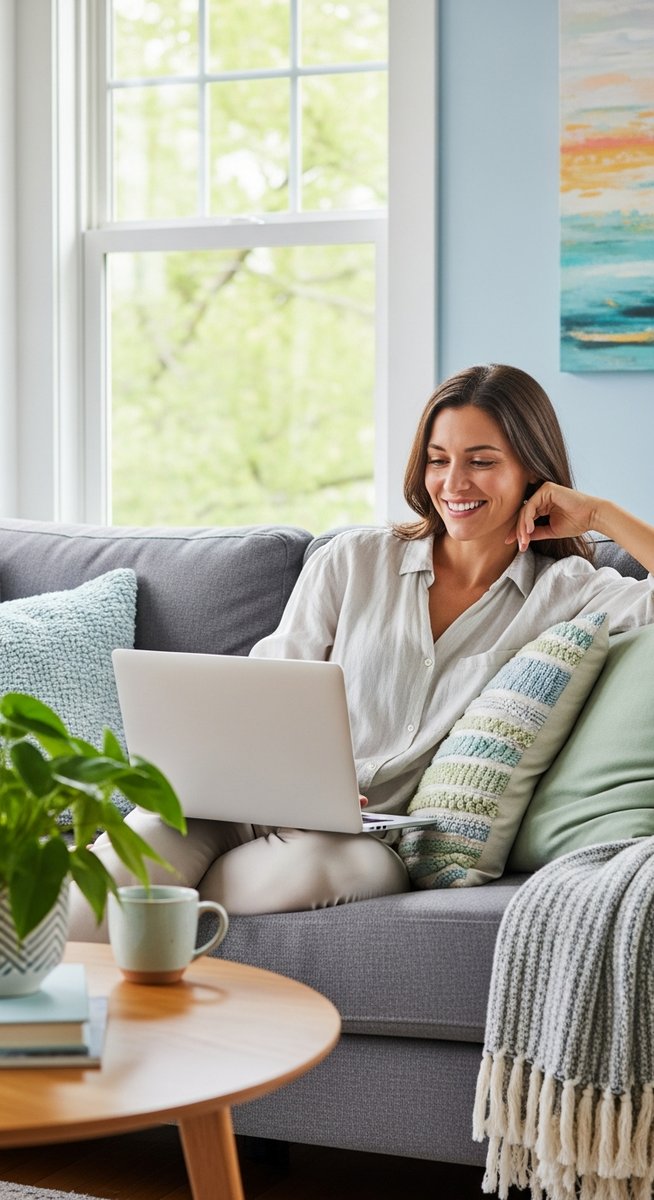 woman smiling while working on her laptop at home