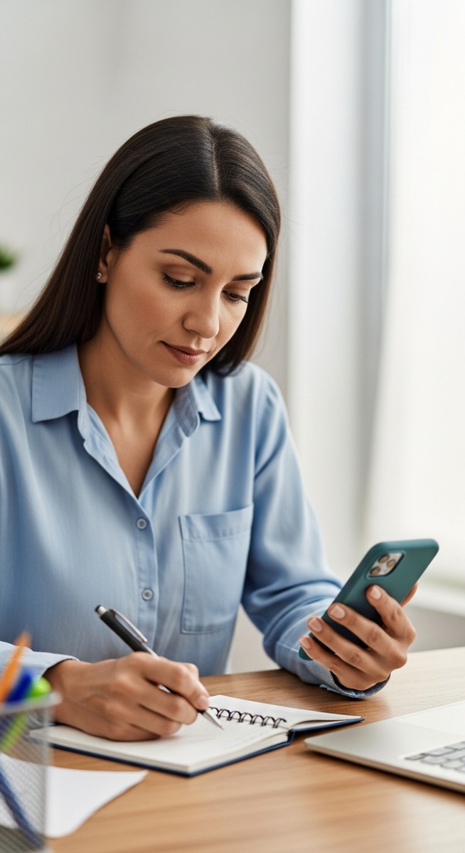 woman making notes about a smartphone app at a home desk