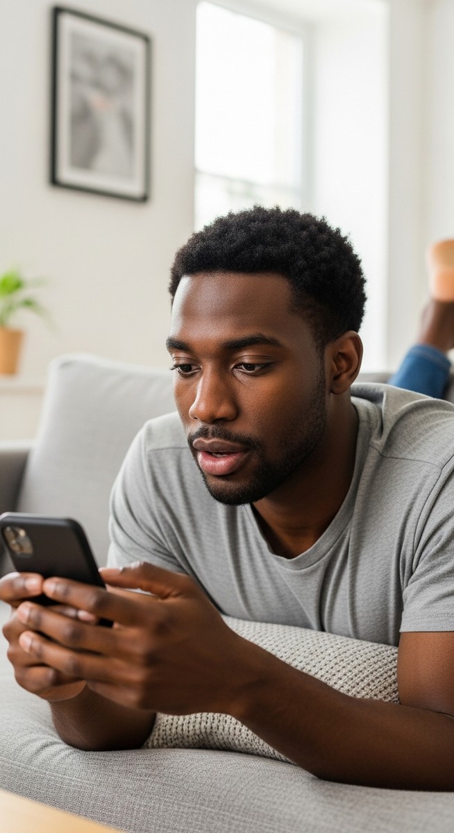 a young man testing an app on a smartphone while relaxing on a sofa for testing apps