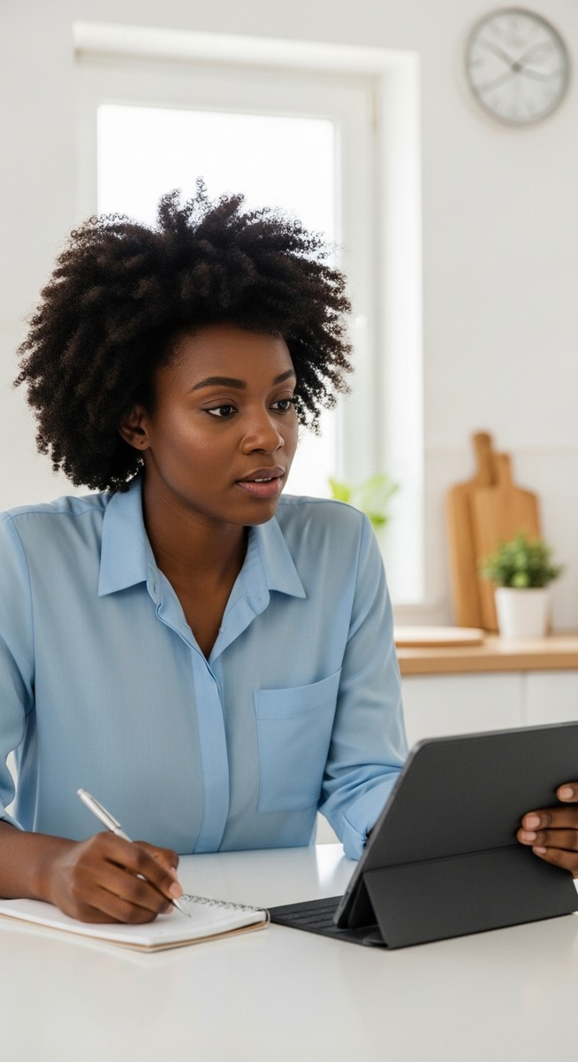 a woman taking notes while reviewing an app on a tablet at a kitchen table for testing apps