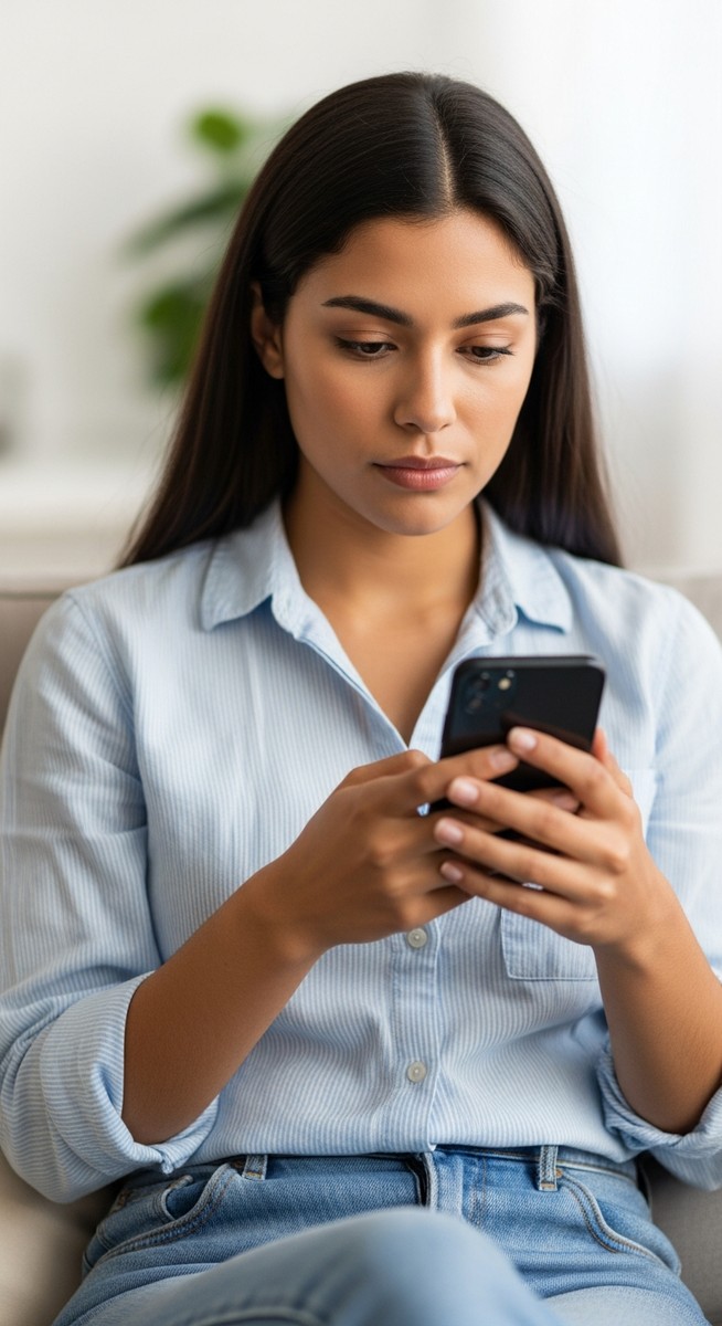 a woman scrolling through a smartphone app with a focused expression on a sofa for testing apps
