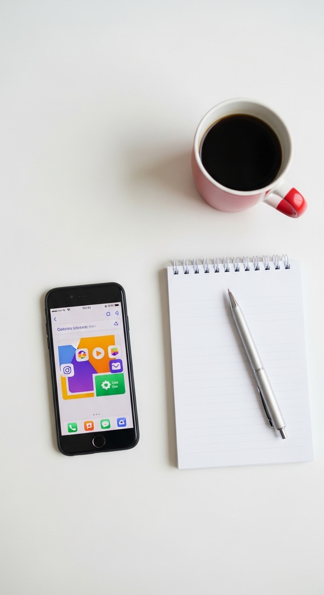 a flatlay of a smartphone with an app on screen, a notepad and a coffee mug on a white desk for testing apps