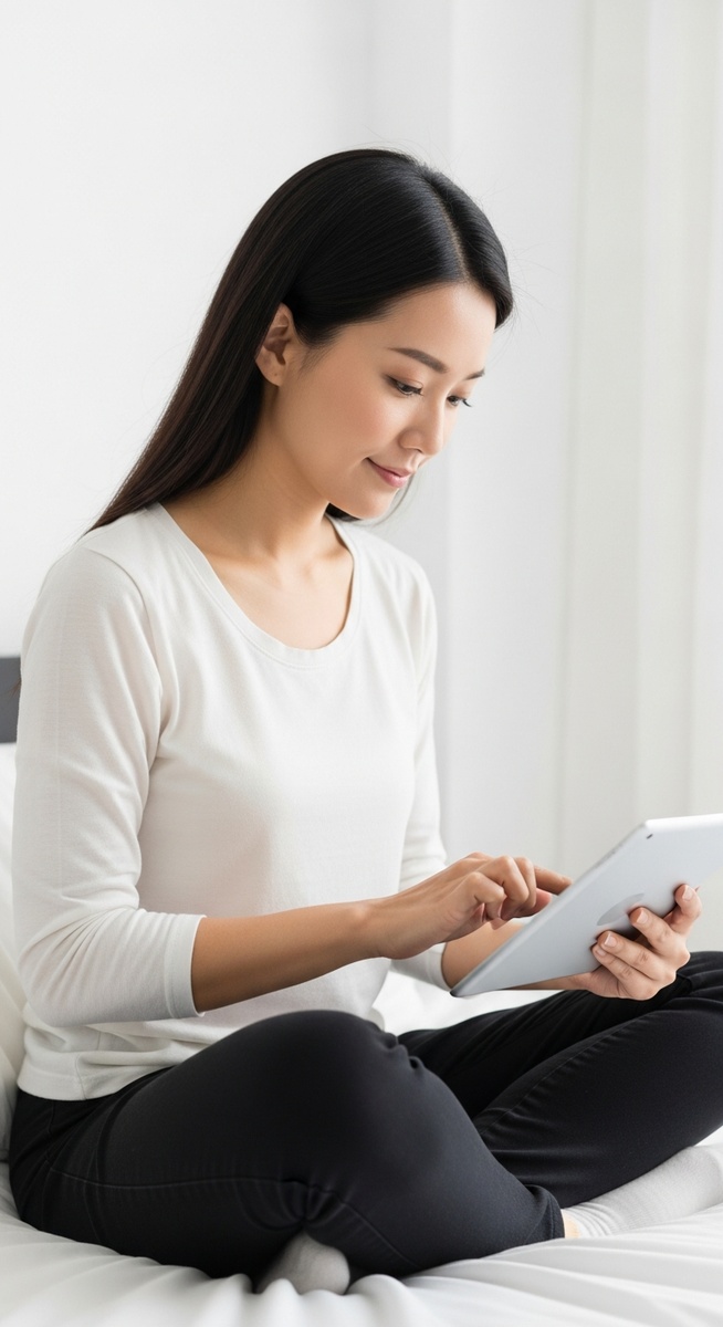 a woman tapping through an app on a tablet while sitting on her bed for testing apps
